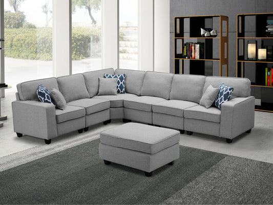 1352-Casanova 124"W Linen 7Pc Modular L-Shape Sectional Sofa with Ottoman