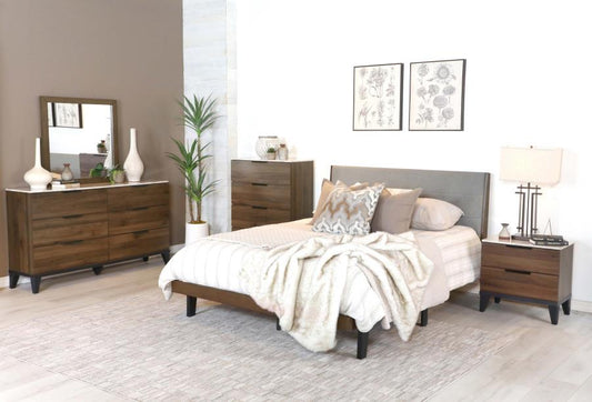 Mays Upholstered Queen Platform Bedroom Set Walnut Brown and Grey