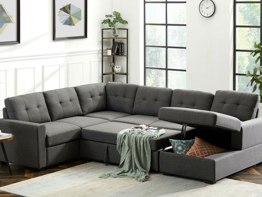 1391-Selene 115.5"W Dark Gray Linen Fabric Sleeper Sectional