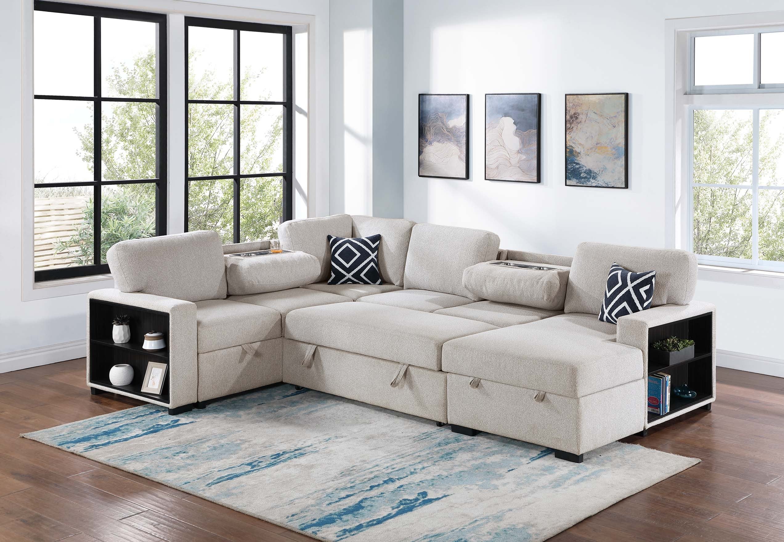 F8562 4pc Sectional Sleeper with Fold Down Table &Storage Chaise